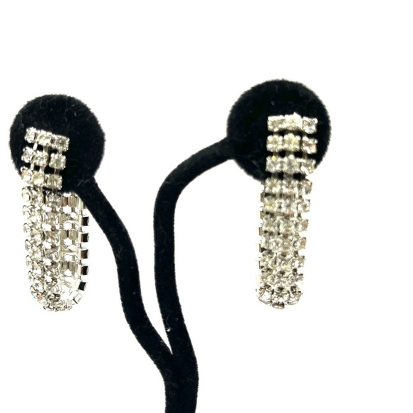 Rhinestone Hoop Earrings Linked 2” 3 Row Evening Elegant Earrings Vintage - Picture 2 of 12